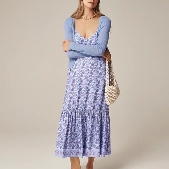 NEW JCrew Tiered tie-waist dress in dusty periwinkle block print - Medium - Picture 2 of 4